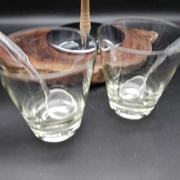 Vintage Mid Century Condiment Server 2 Glass Bowls Chrome Wood Handle + Spoons - Picture 5 of 6